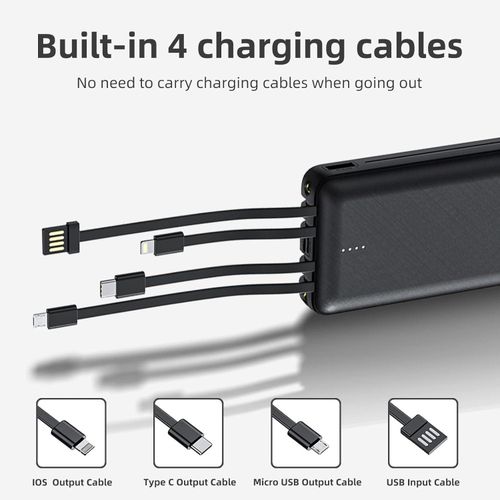 ZHY 10000mah Power Bank Ultra High Capacity With Inbuilt Cables (Type-C, Micro, Lightening And USB)Fast Charging PowerBank - Black.