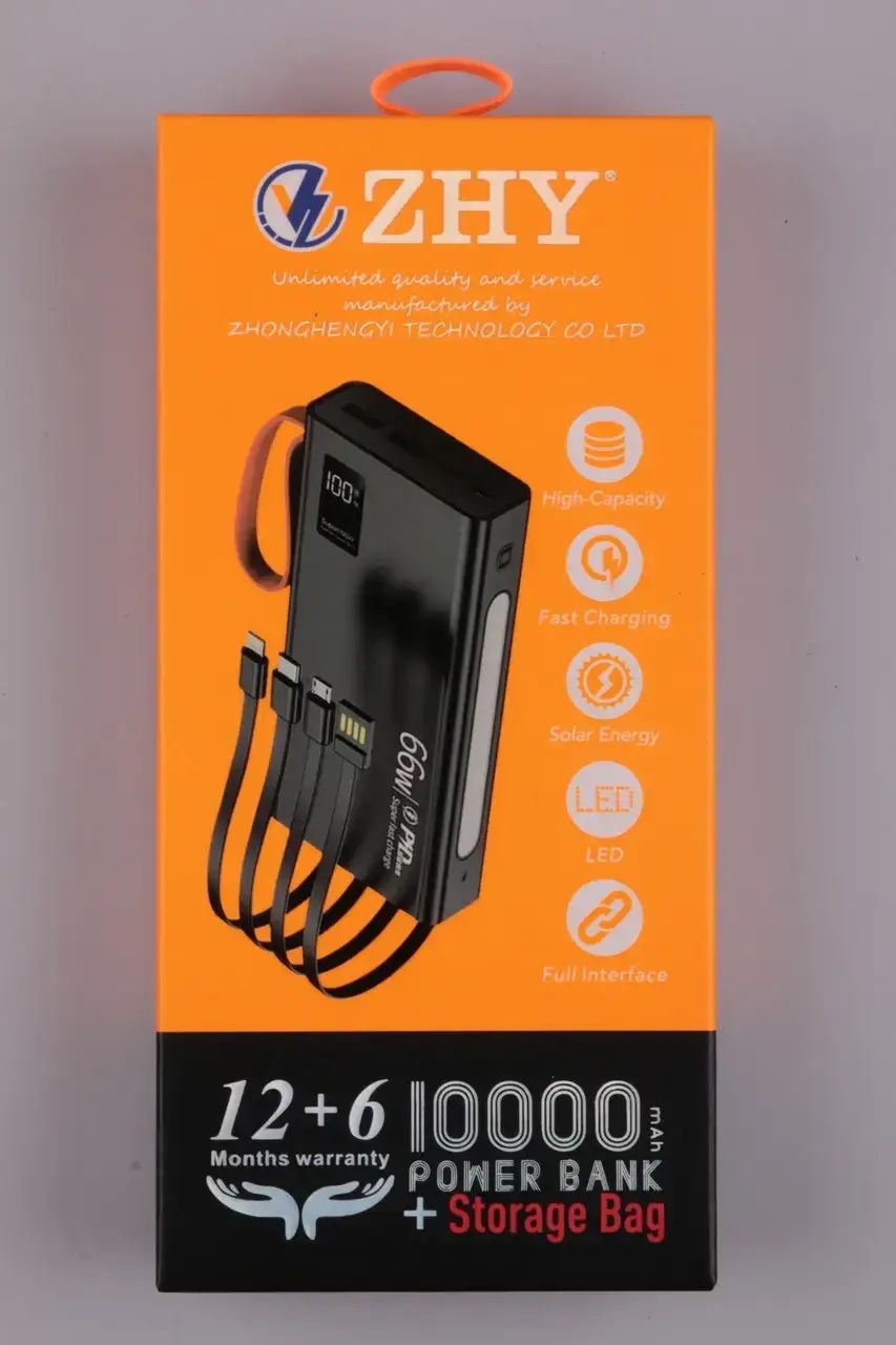 ZHY 10000mah Power Bank Ultra High Capacity With Inbuilt Cables (Type-C, Micro, Lightening And USB)Fast Charging PowerBank - Black.